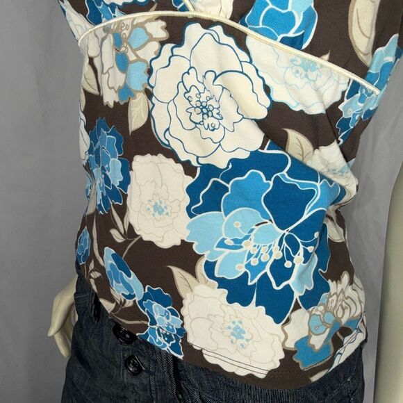 SO Y2K Brown Blue Floral Halter Top Women’s Size Large Retro 2000s Stretch Knit - Picture 8 of 12